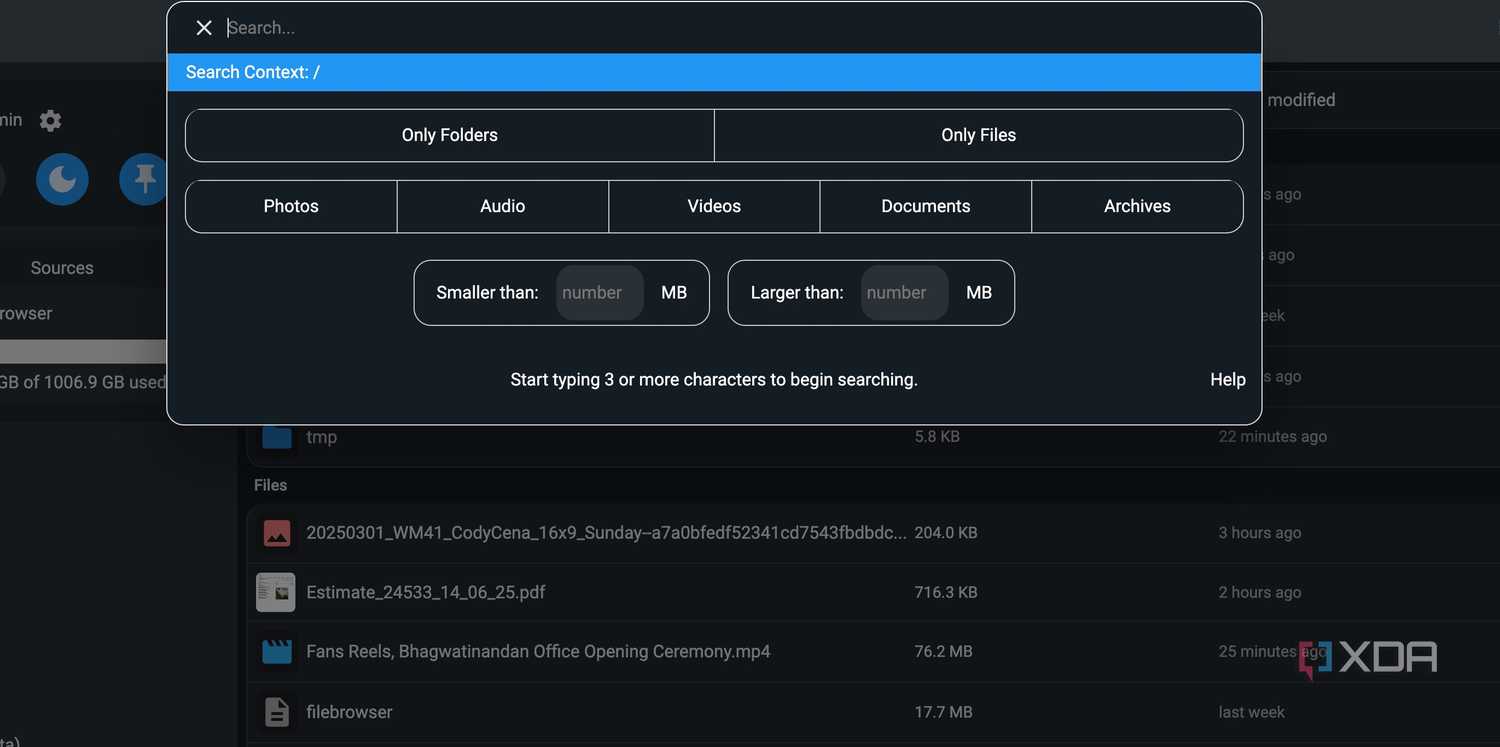 Search menu in FileBrowser Quantum