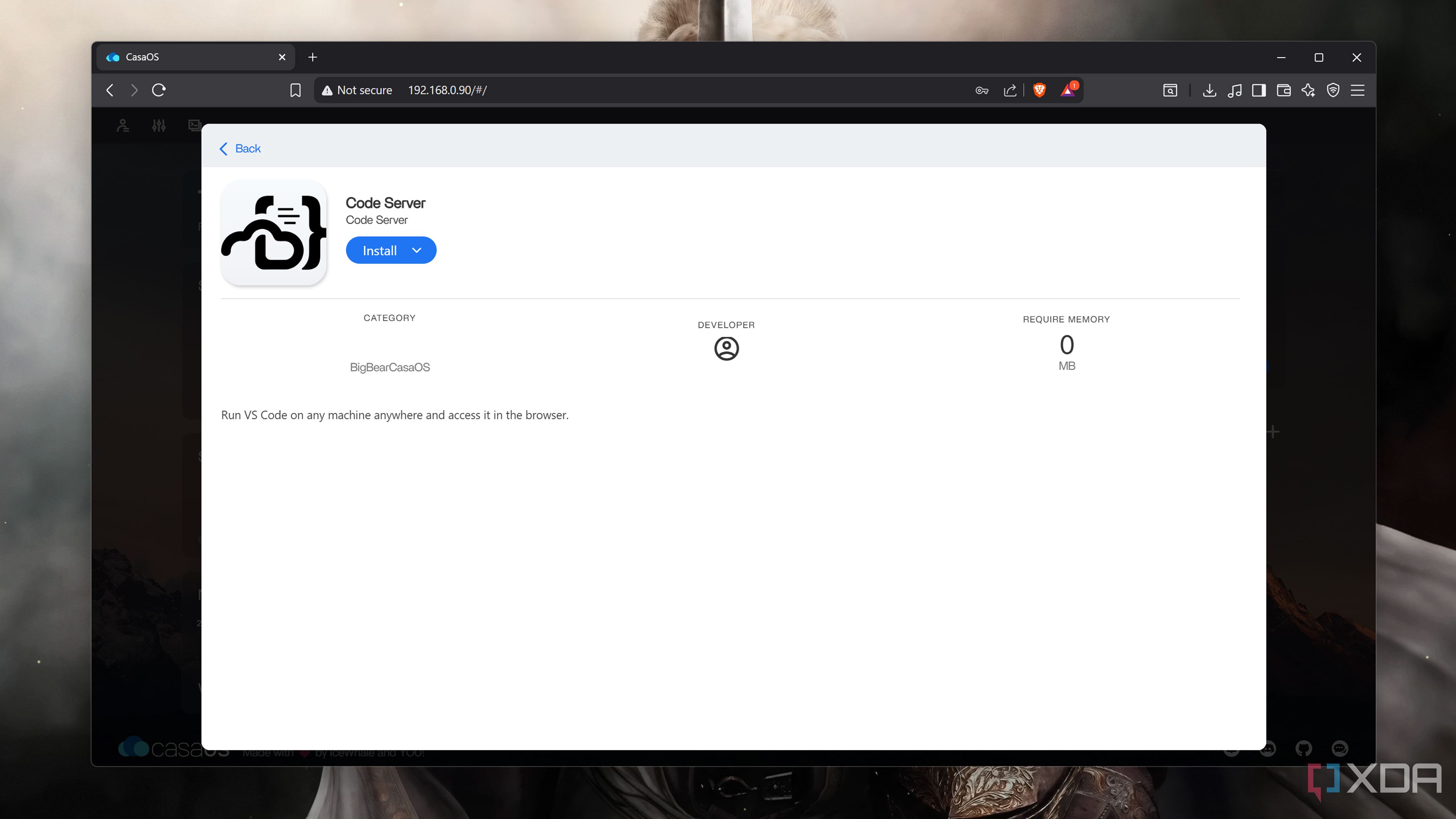 The Code-Server page on CasaOS