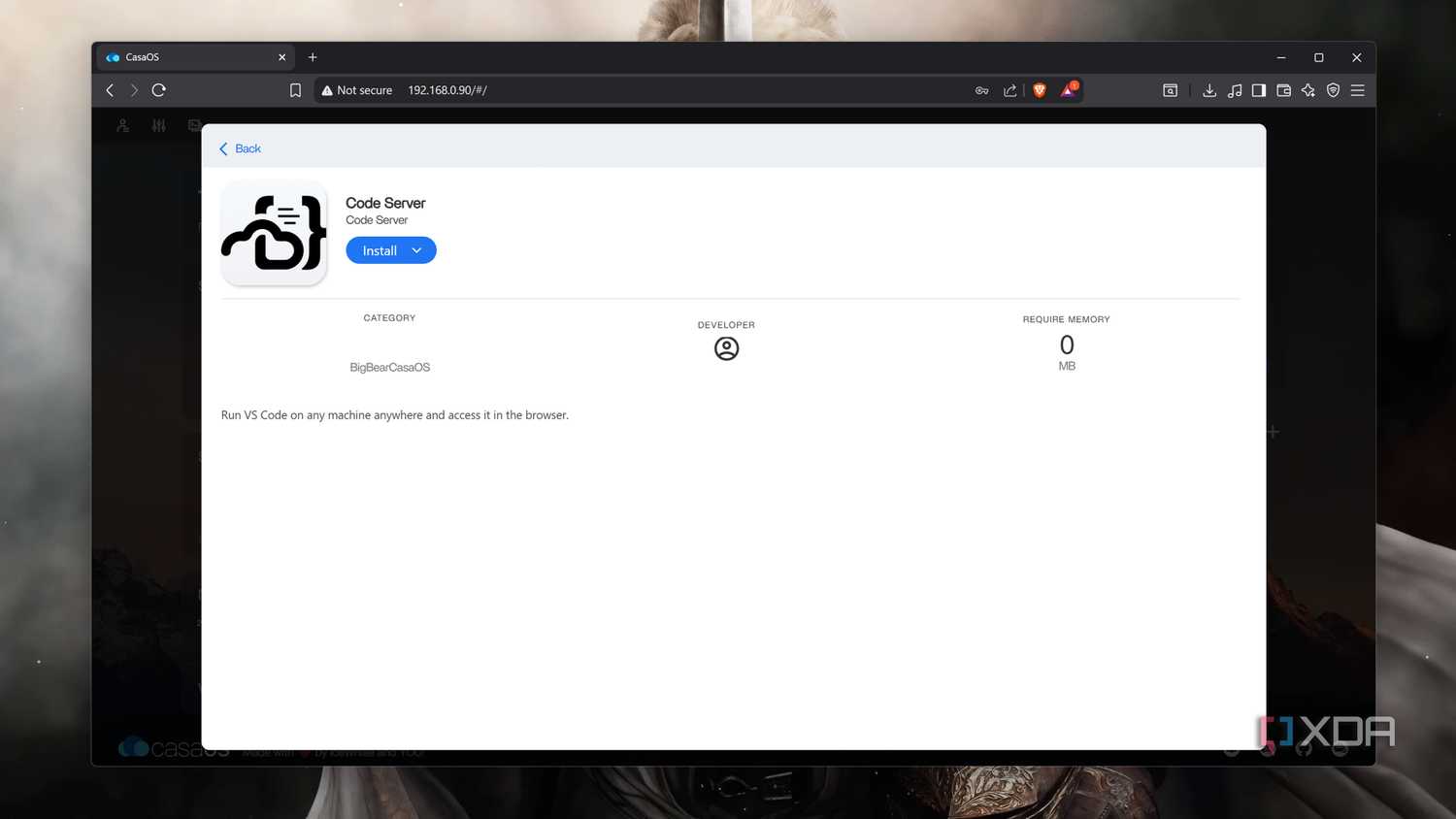 The Code-Server page on CasaOS