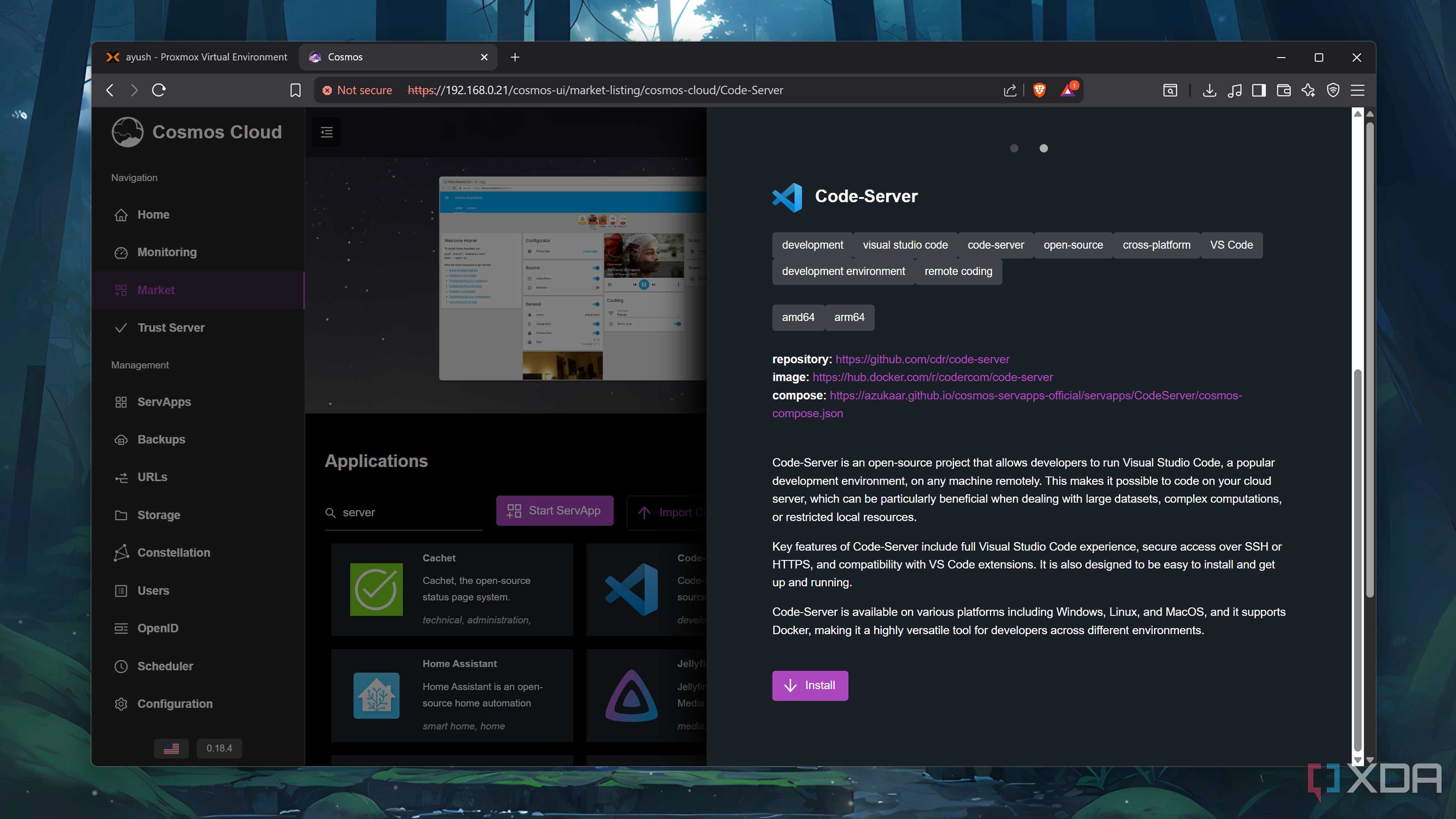The Code-Server page on Cosmos