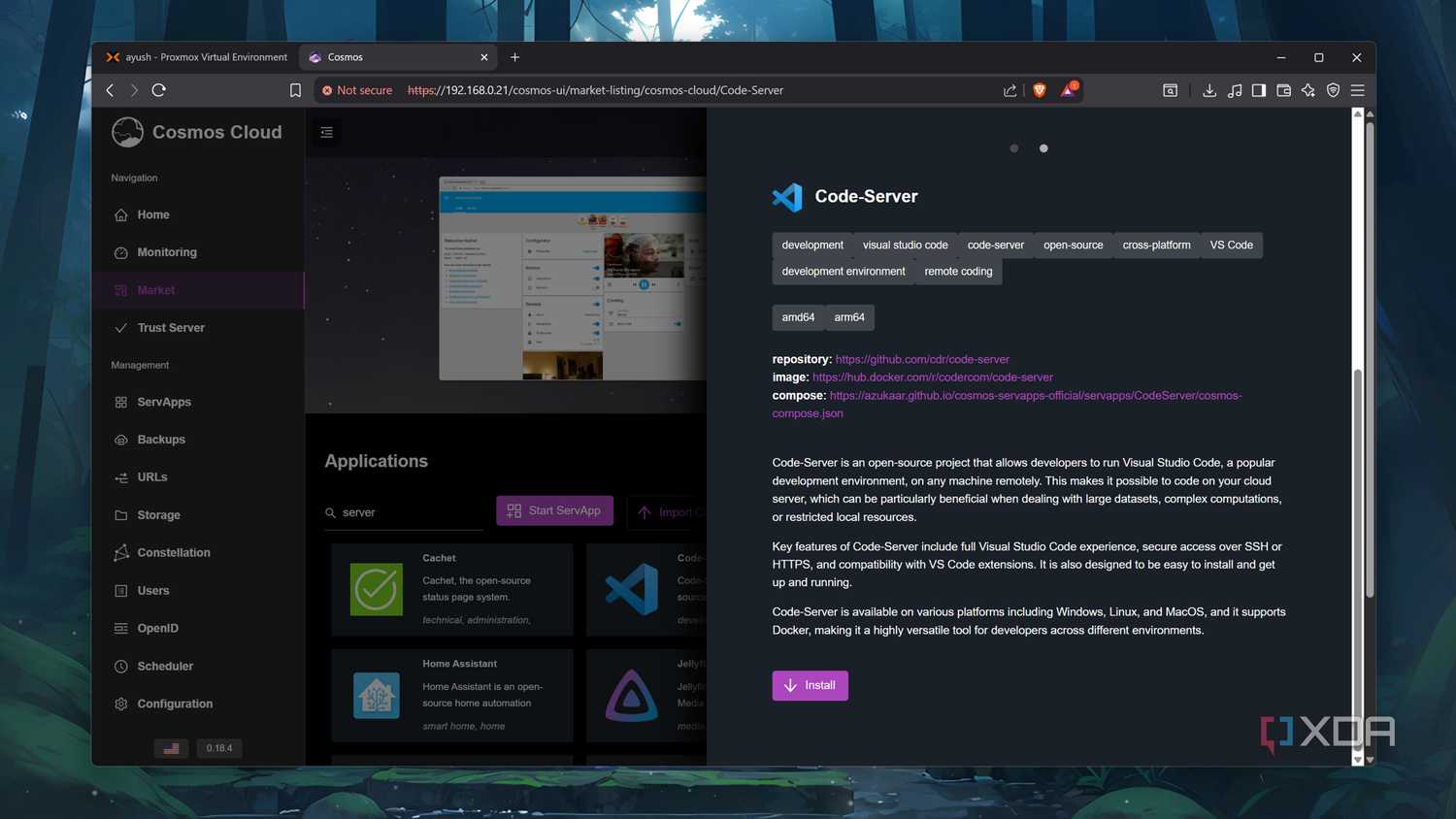 The Code-Server page on Cosmos