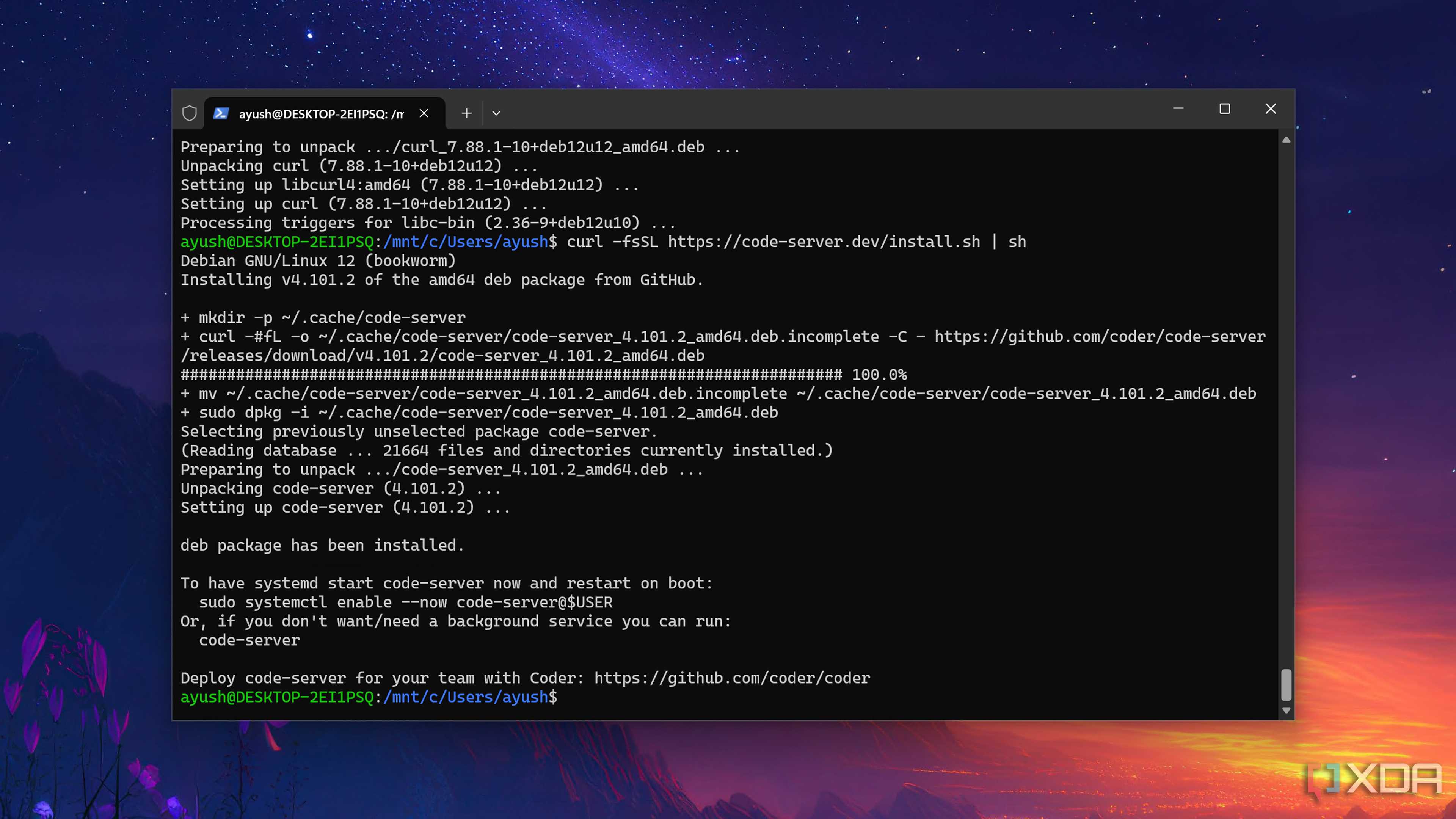 Using the curl command to install Code-Server on a WSL distro