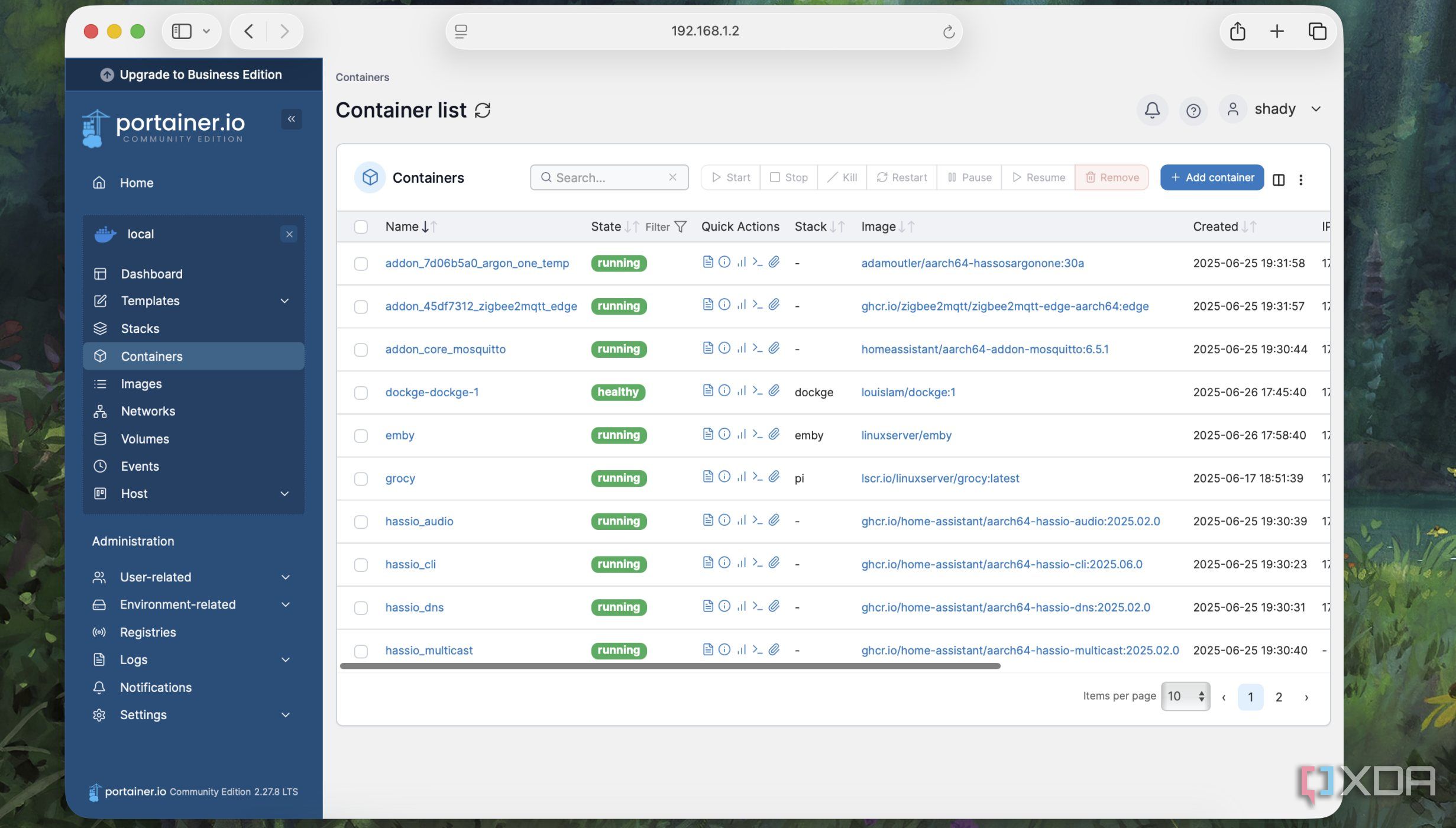 List of containers in Portainer