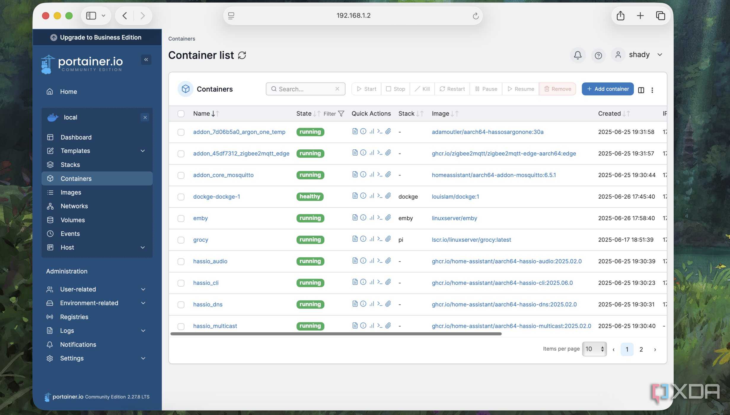 List of containers in Portainer
