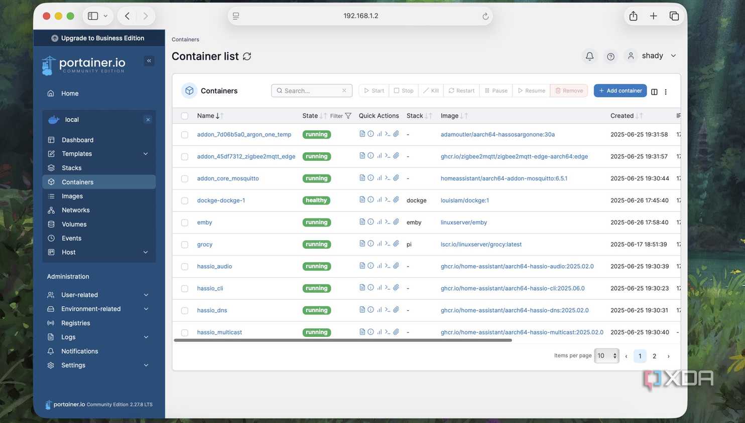 List of containers in Portainer