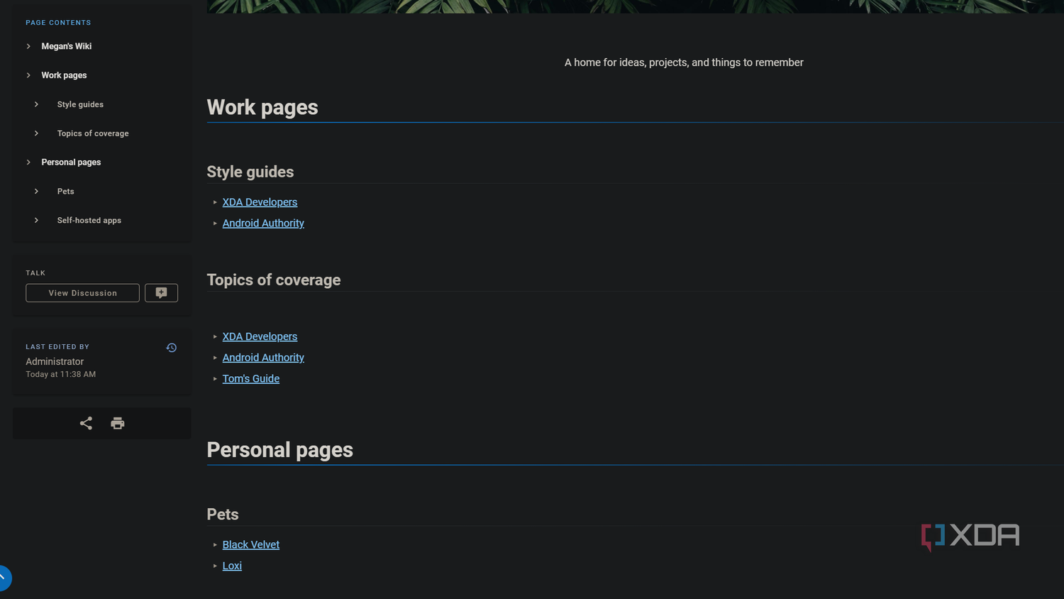 contents on a personal wiki homepage
