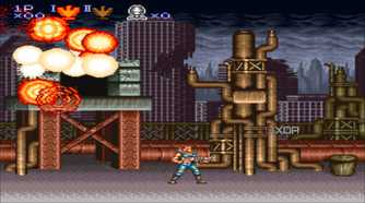 A screenshot from the 1992 SNES game Contra III: Alien Wars.