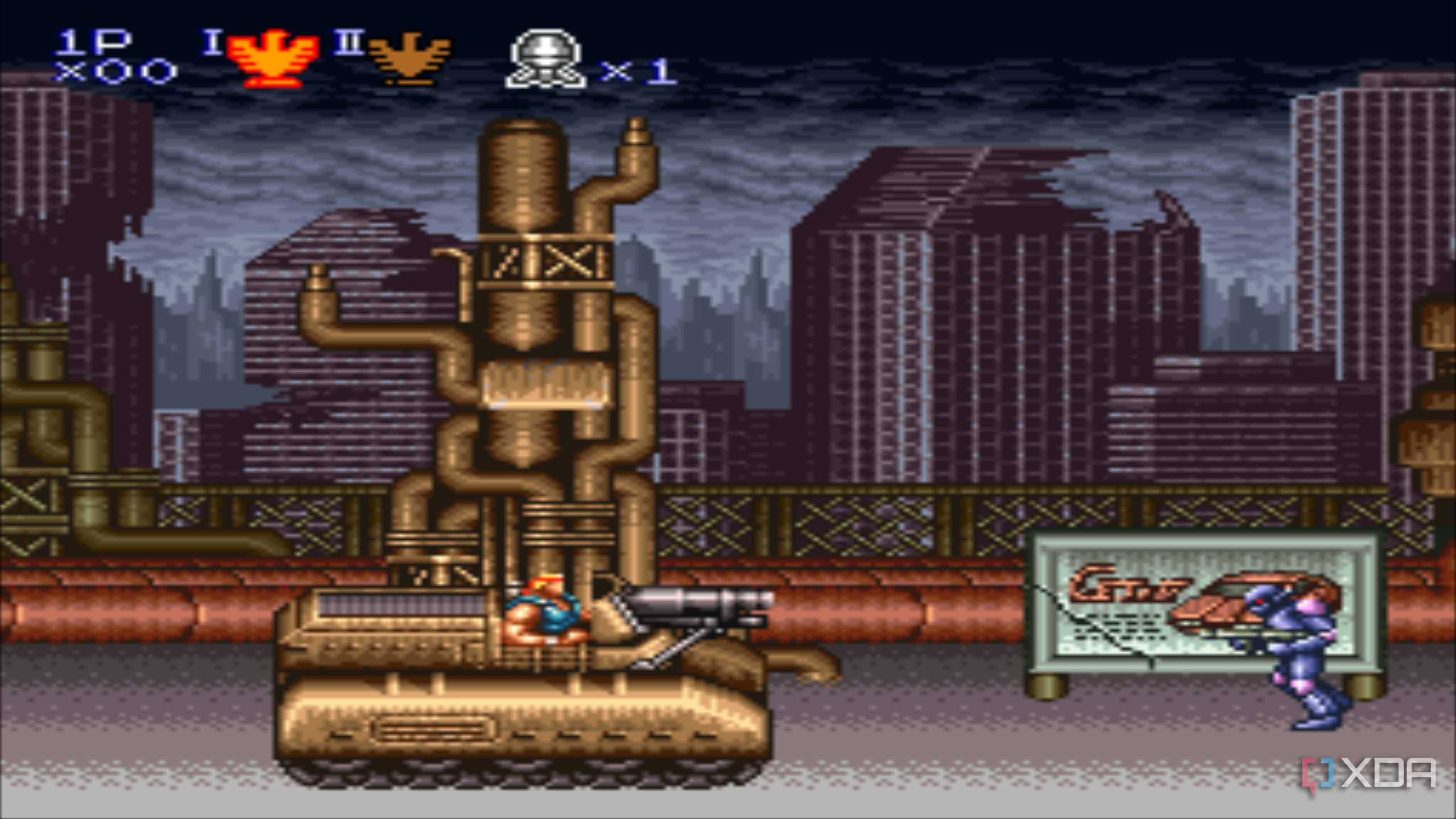 A screenshot from the 1992 SNES game Contra III: Alien Wars.