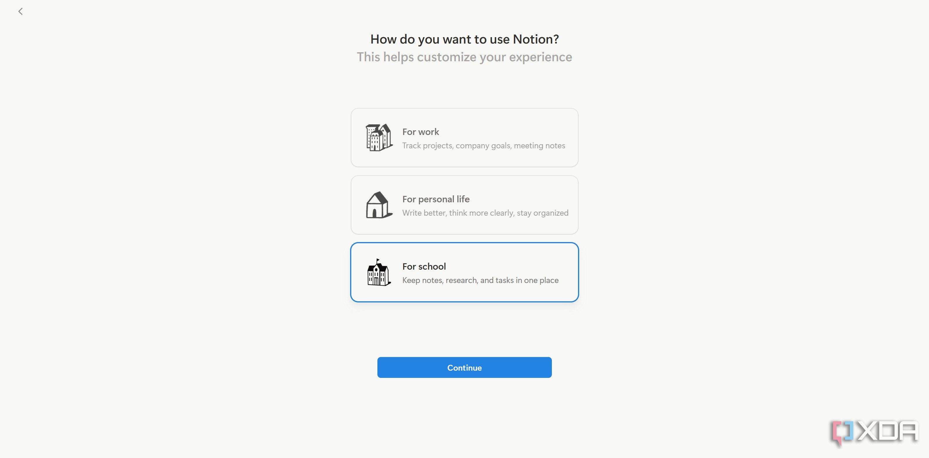 Choose option to create school workspace on Notion