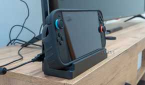 Angled view of a Nintendo Switch 2 using the Killswitch grip case set on the Dock Adapter to be used in TV mode