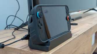 Angled view of a Nintendo Switch 2 using the Killswitch grip case set on the Dock Adapter to be used in TV mode