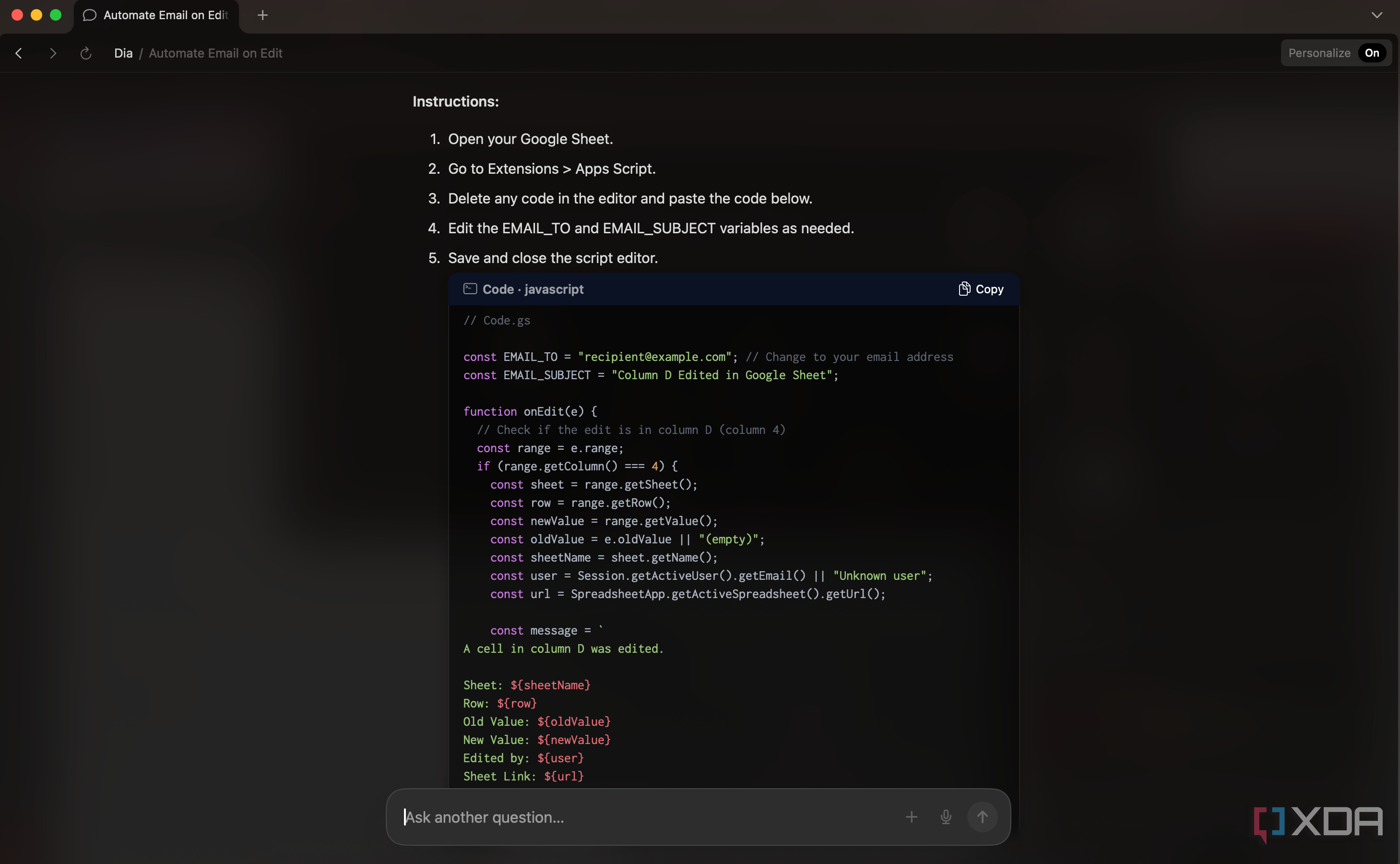 Screenshot showing Dia chatbot