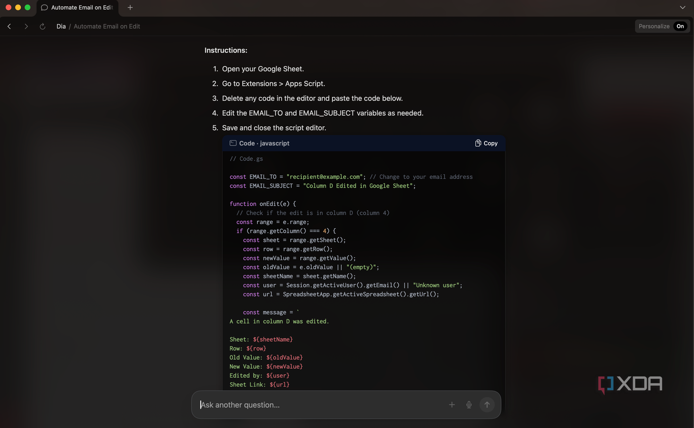 Screenshot showing Dia chatbot