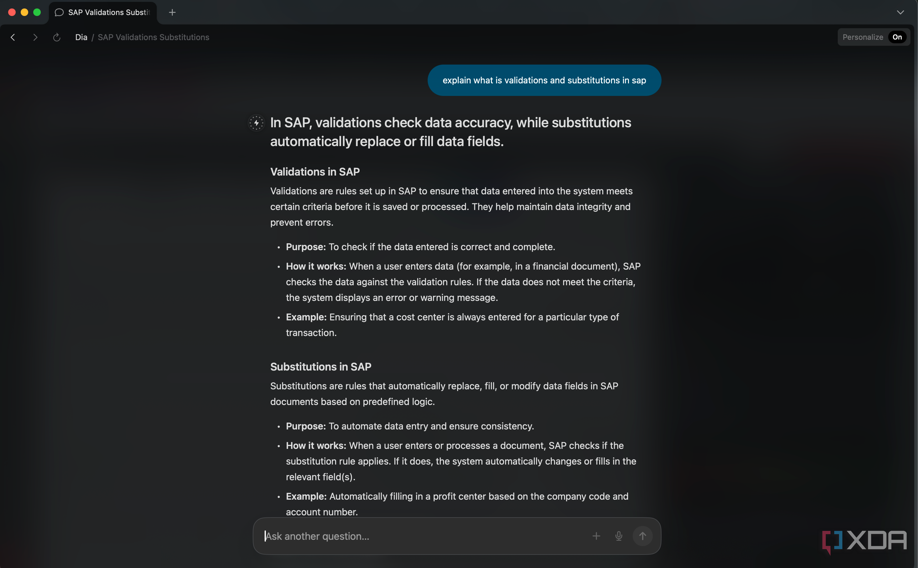 Screenshot showing Dia chatbot