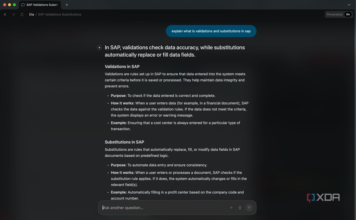 Screenshot showing Dia chatbot