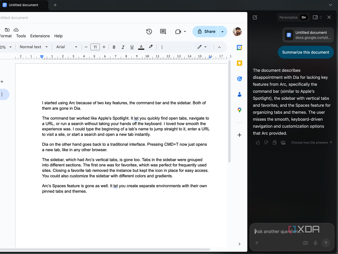 Screenshot showing Dia chatbot