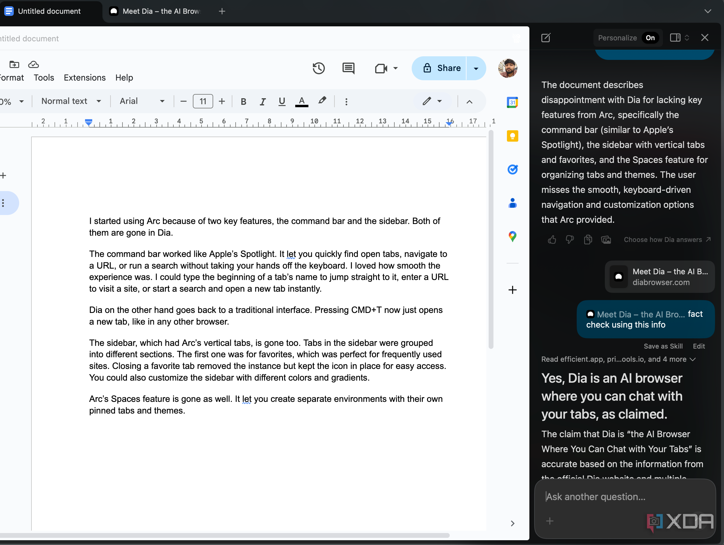 Screenshot showing Dia chatbot