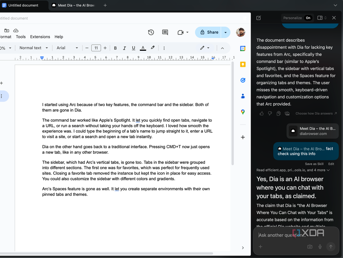 Screenshot showing Dia chatbot