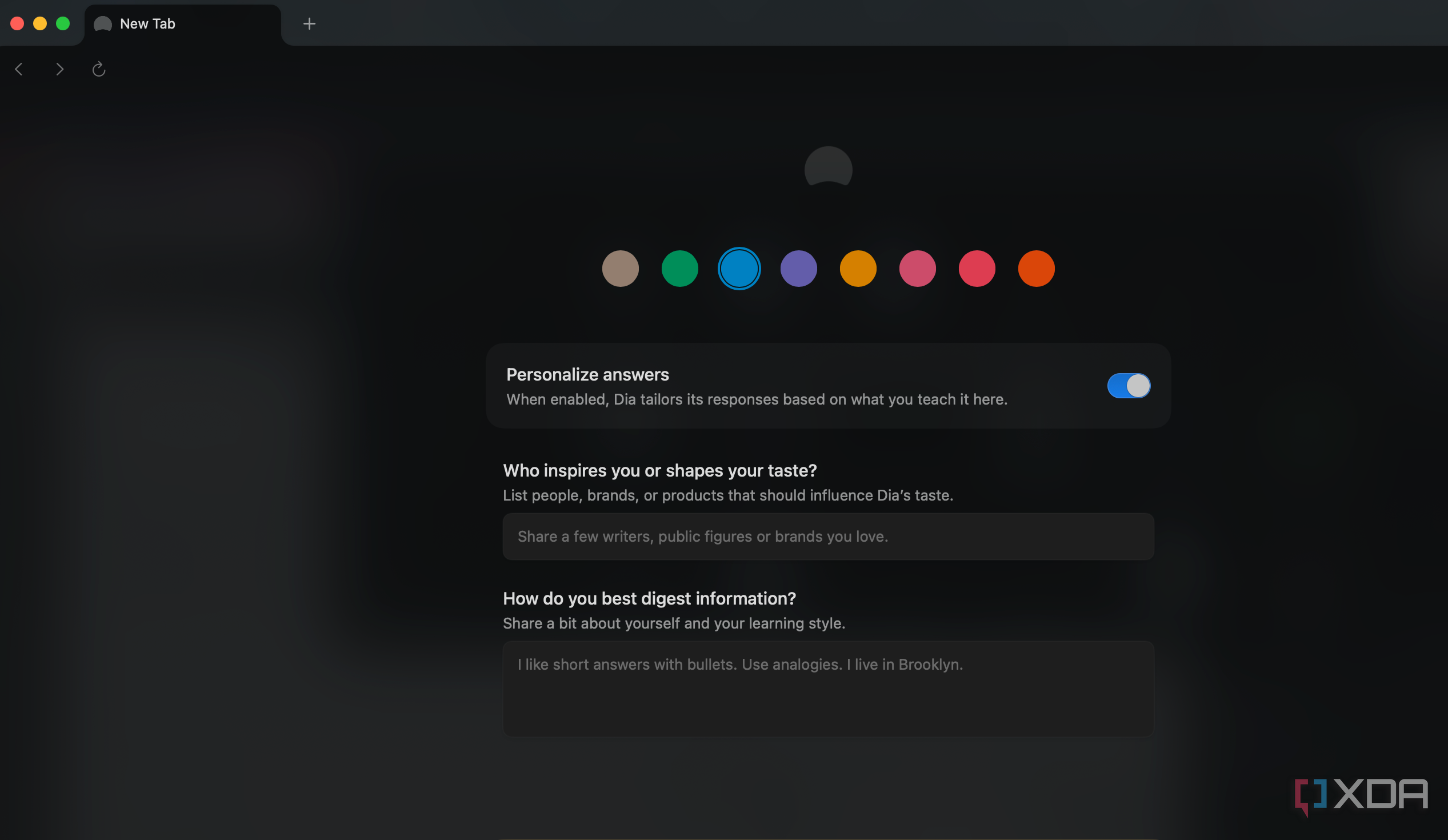 Screenshot showing Dia customization options