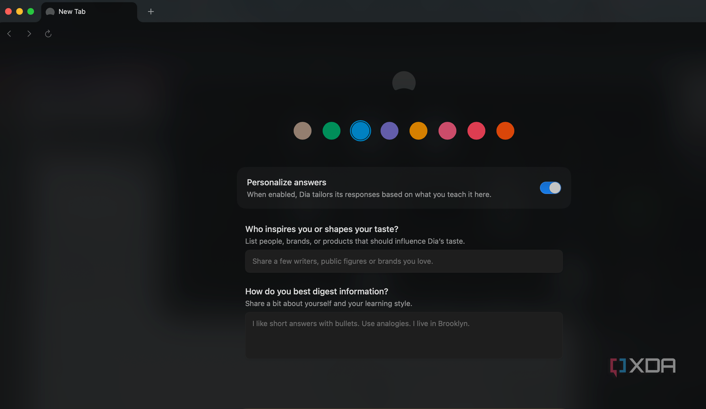 Screenshot showing Dia customization options