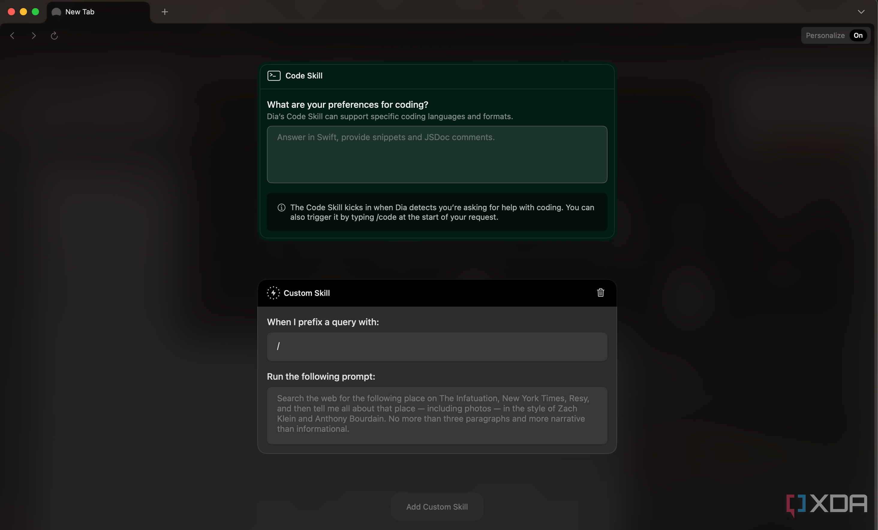 Screenshot showing Dia chatbot settings