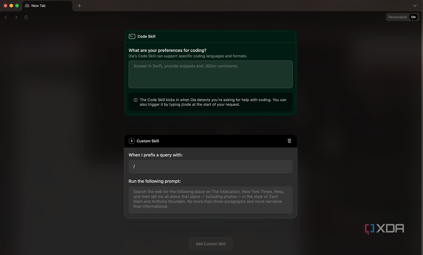 Screenshot showing Dia chatbot settings