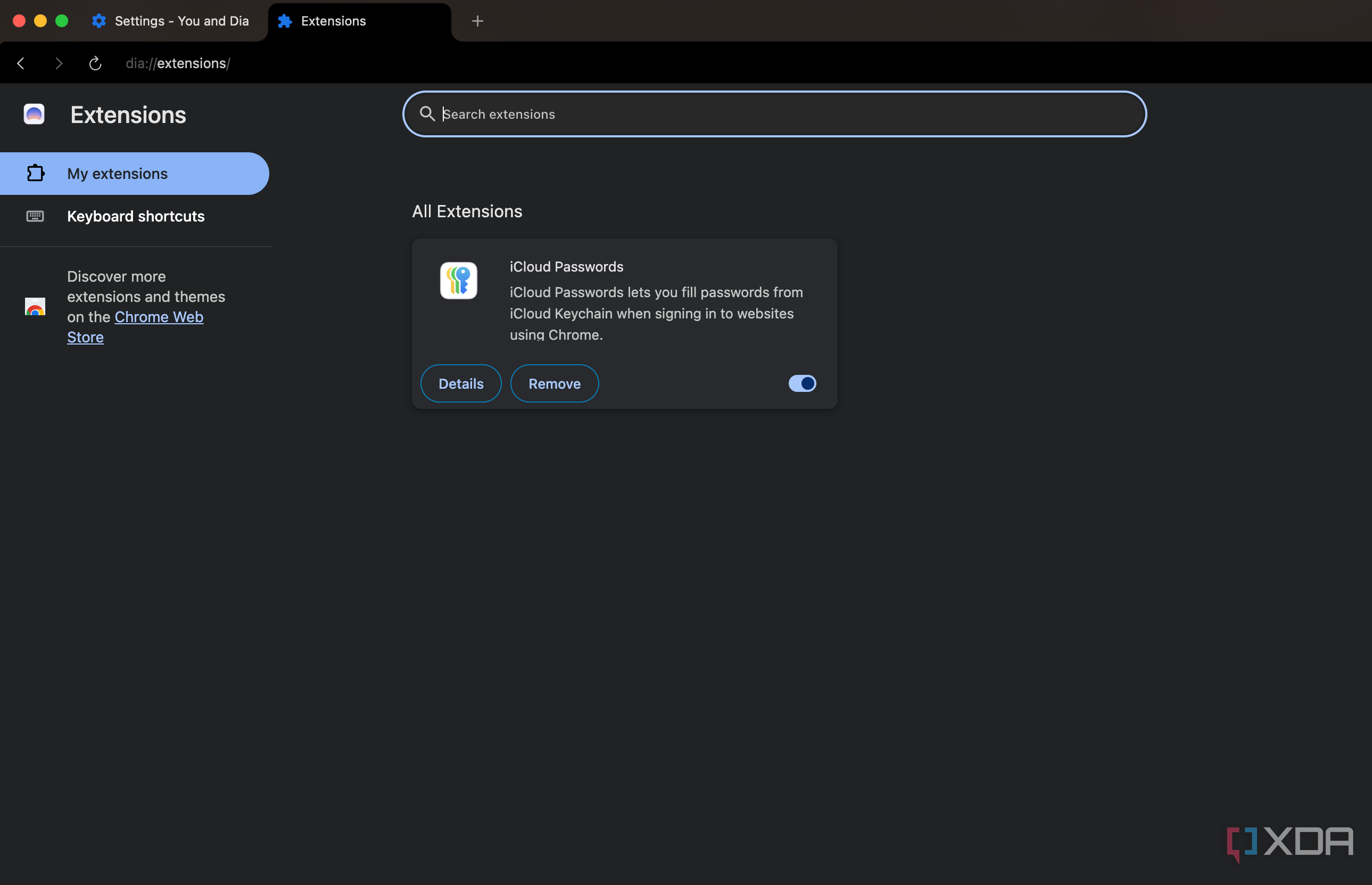 Screenshot showing Dia extensions