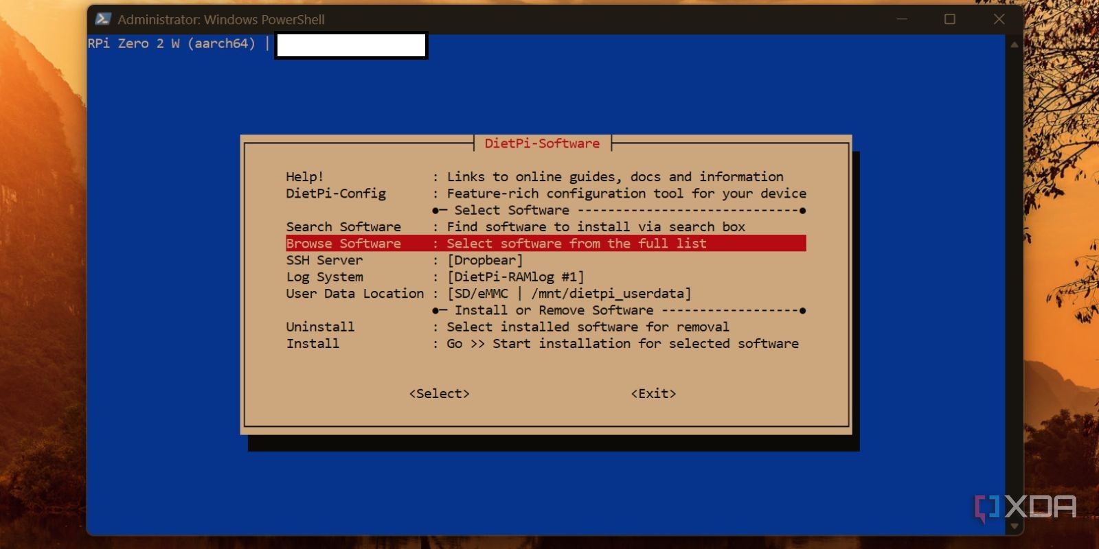 screenshot of dietpi browse software tool