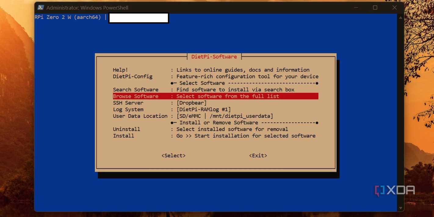 screenshot of dietpi browse software tool