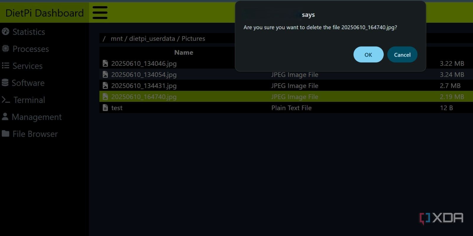 screenshot of dietpi dashboard delete file popup