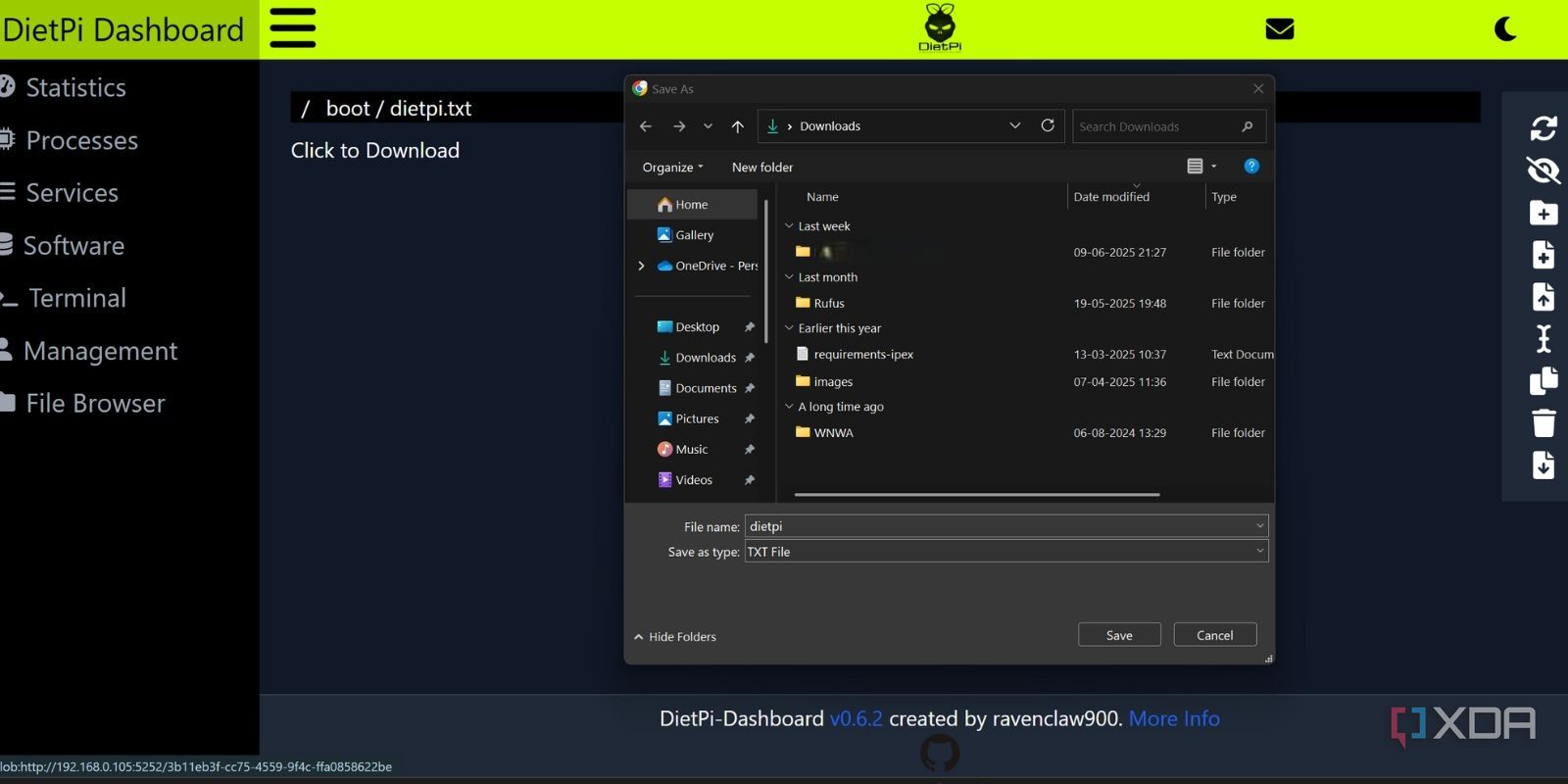screenshot of dietpi dashboard downloading files via file explorer