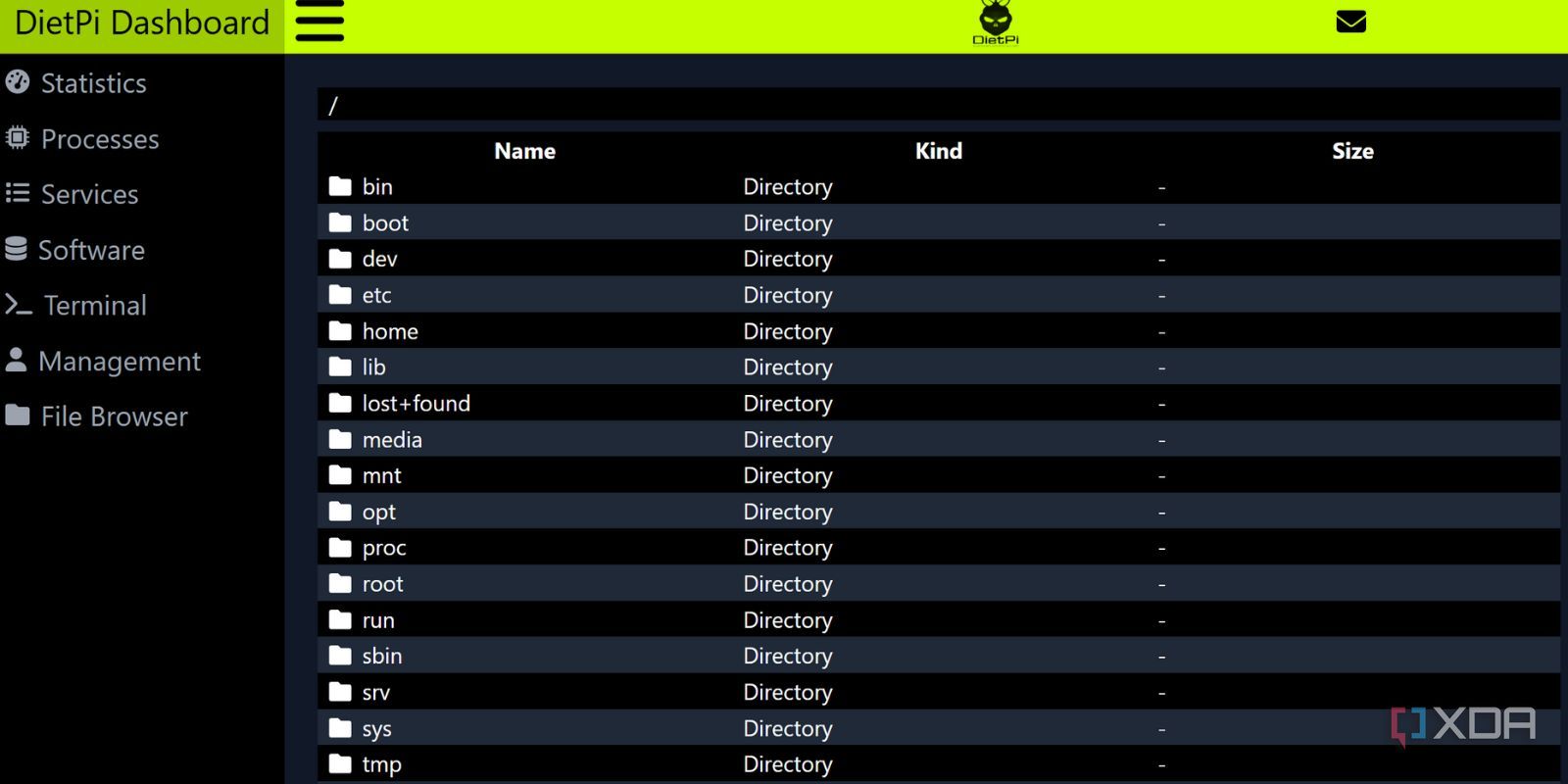 screenshot of dietpi dashboard file explorer page