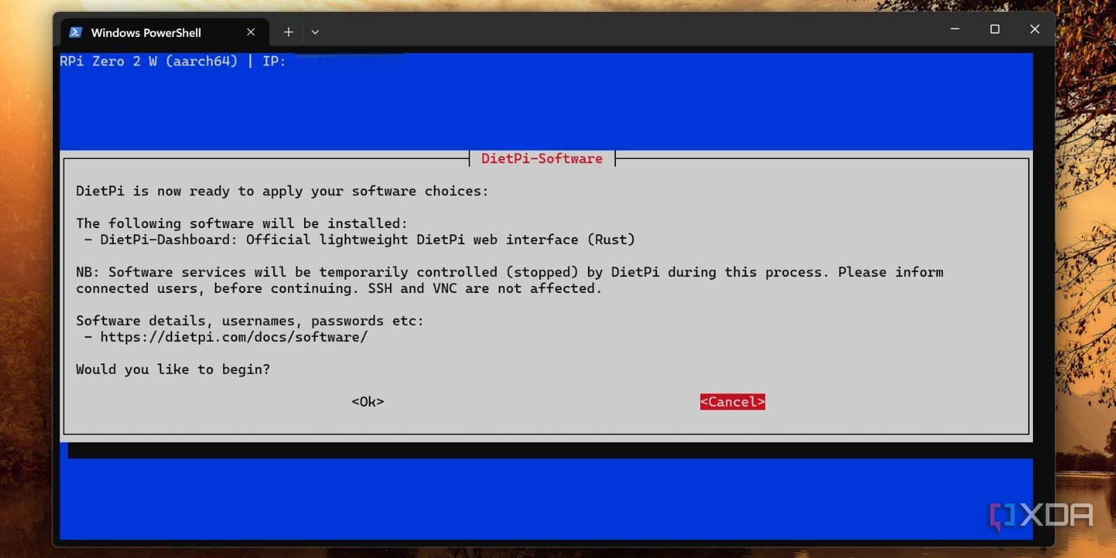 screenshot of dietpi dashboard installation page