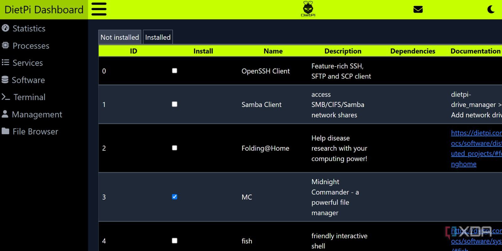 screenshot of dietpi dashboard Software download page