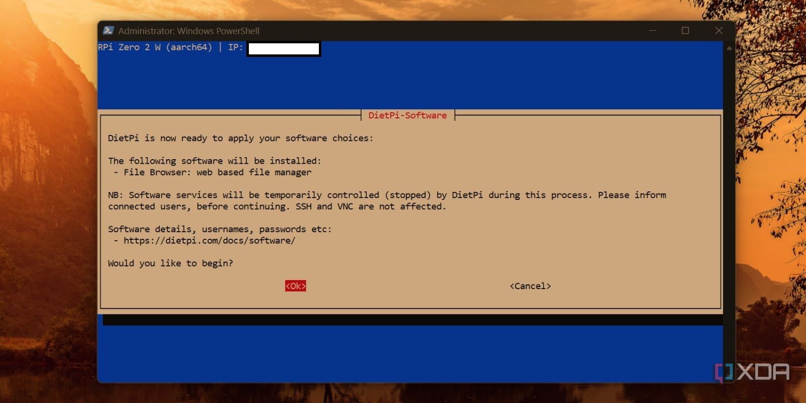 screenshot of dietpi installing filebrowser