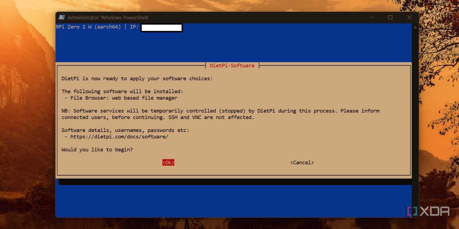 screenshot of dietpi installing filebrowser