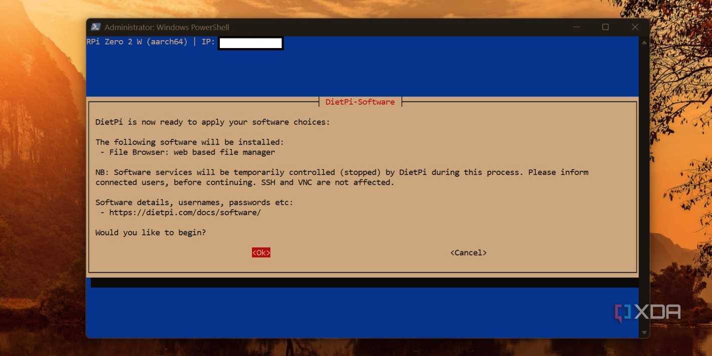 screenshot of dietpi installing filebrowser