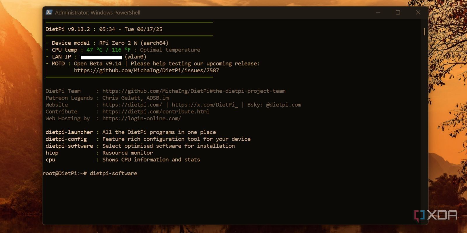 screenshot of dietpi mainpage