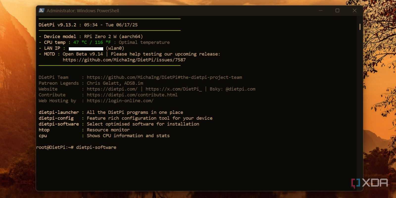 screenshot of dietpi mainpage