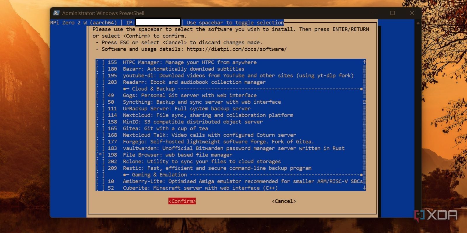 screenshot of dietpi selecting file browser