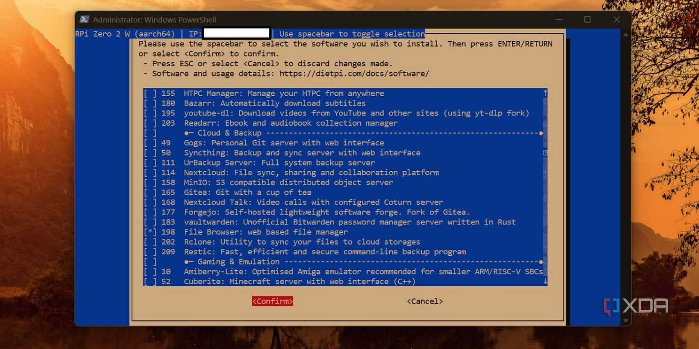 screenshot of dietpi selecting file browser