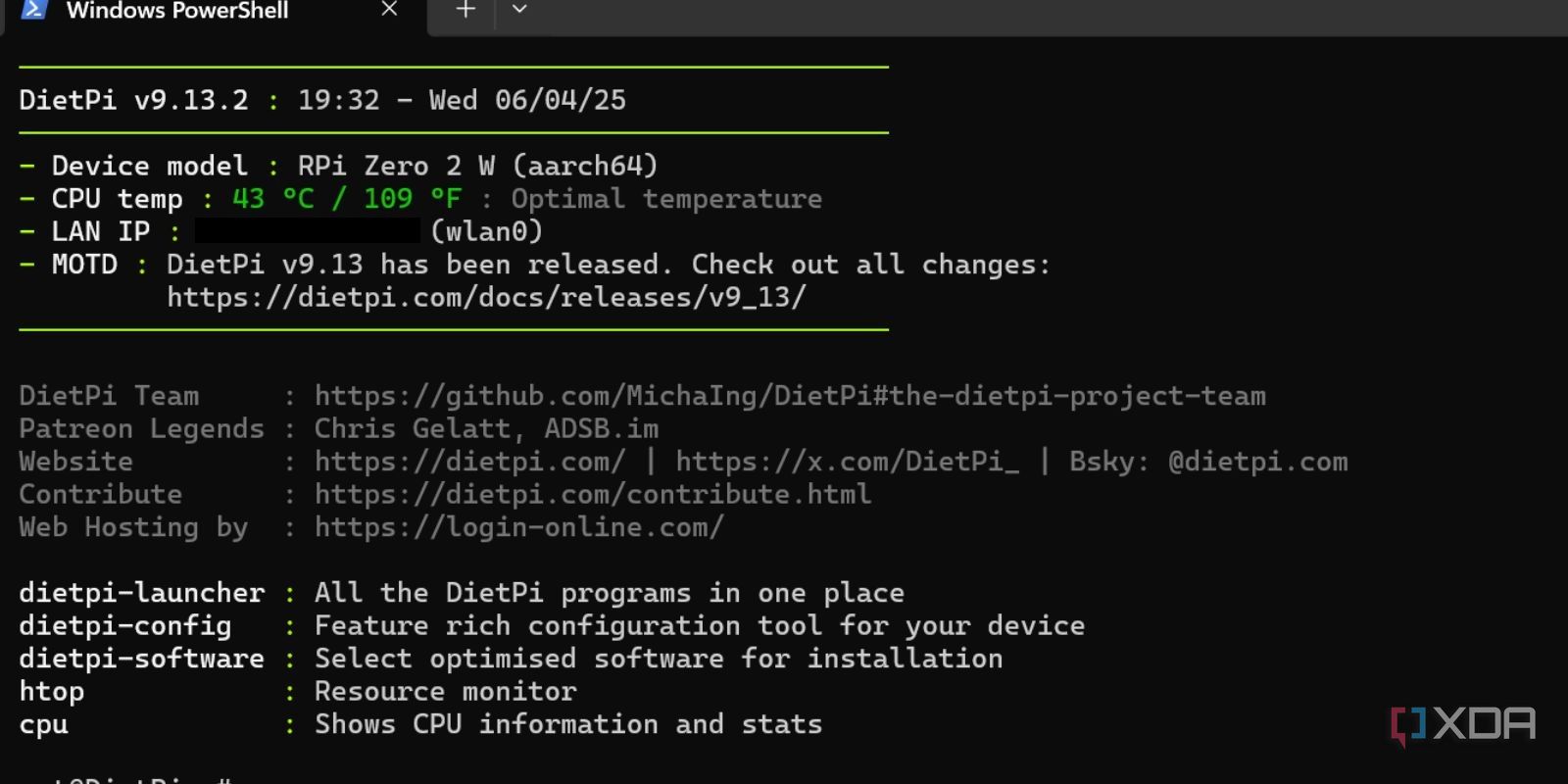 screenshot of dietpi shell via ssh windows powershell