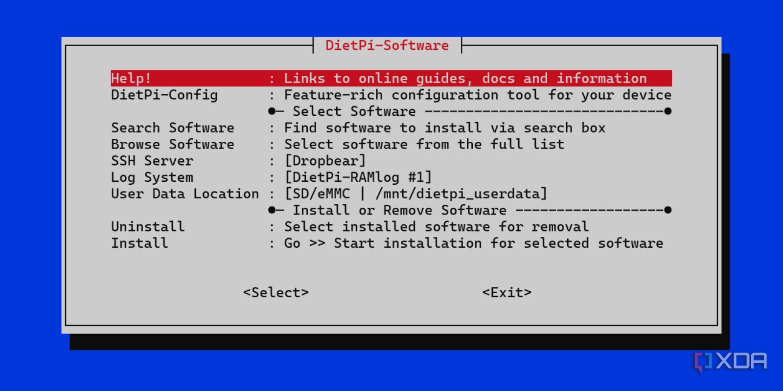 screenshot of dietpi software utility mainpage