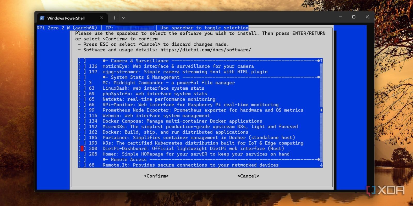 screenshot of dietpi softwareinstall page dashboard selection