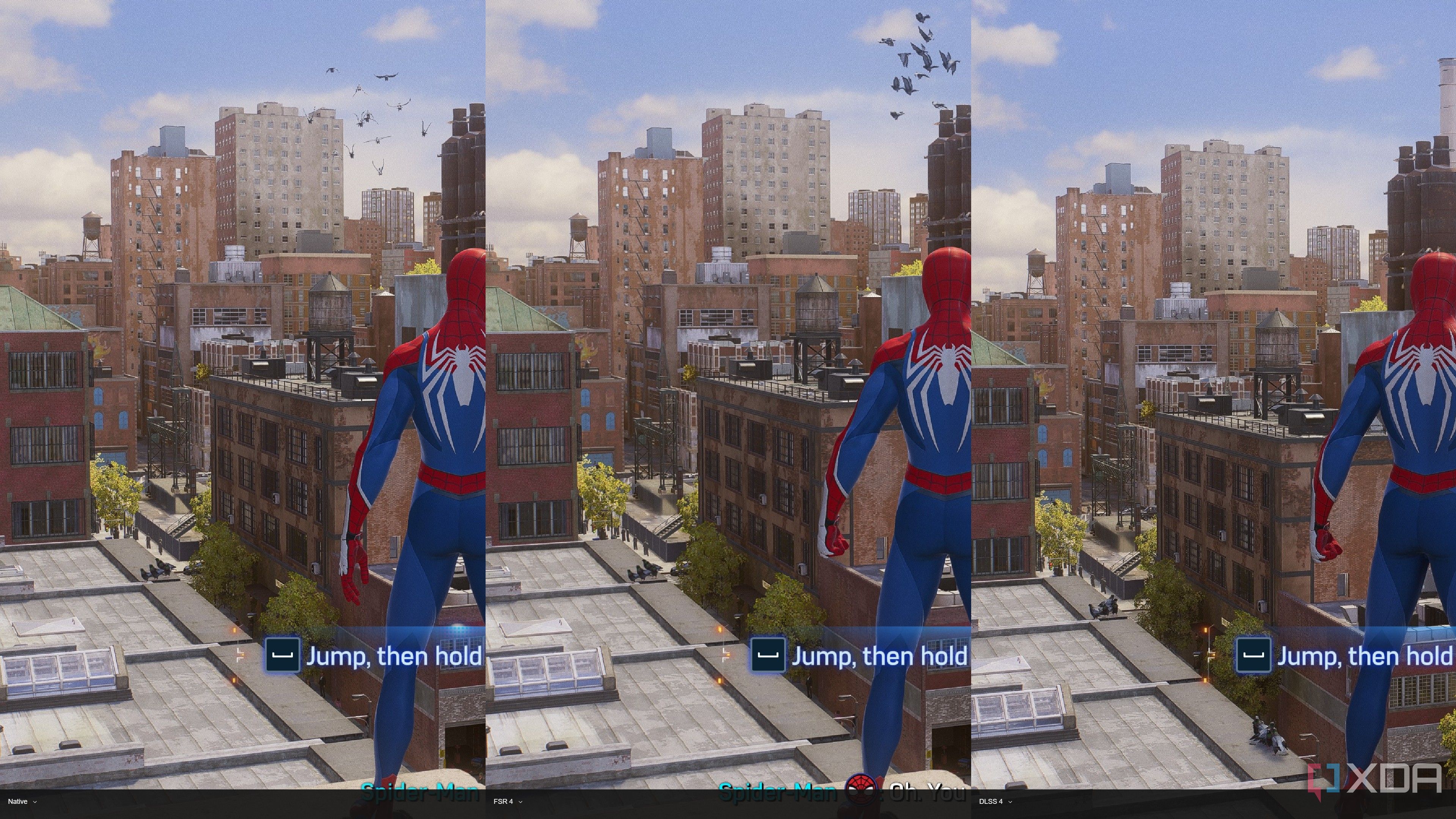 An image from Marvel's Spiderman game highlighting the difference between DLSS vs FSR