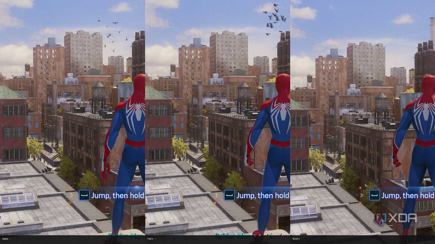 An image from Marvel's Spiderman game highlighting the difference between DLSS vs FSR