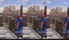 An image from Marvel's Spiderman game highlighting the difference between DLSS vs FSR