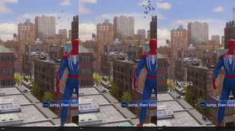 An image from Marvel's Spiderman game highlighting the difference between DLSS vs FSR