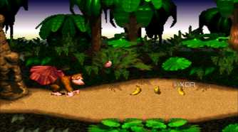 A screenshot from the 1994 SNES game Donkey Kong Country.