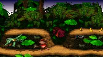 A screenshot from the 1994 SNES game Donkey Kong Country.